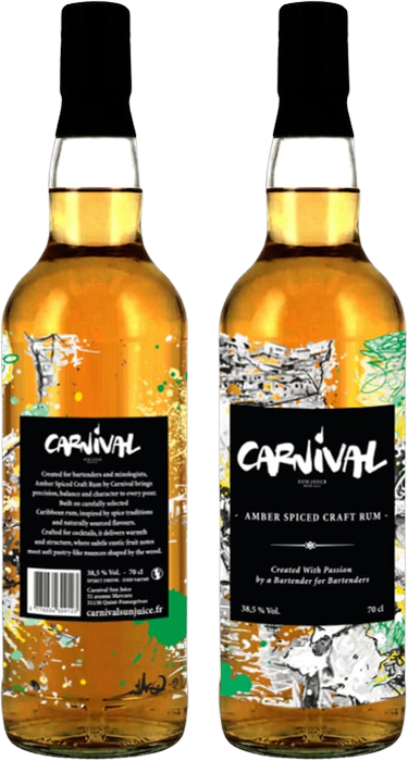 Carnival Amber Spiced Craft Rum, fles voor- en achterkant